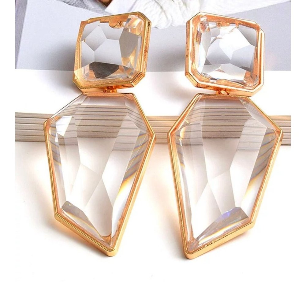 Large Gold clear earring chunky white acrylic crystal bold 3.75”